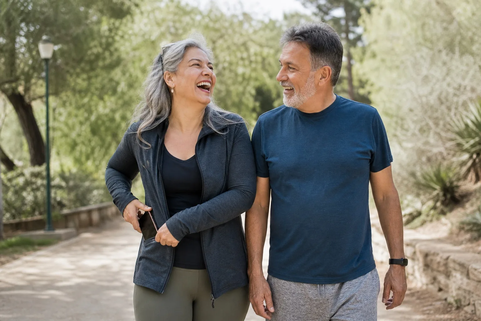 A woman in her fifties and her husband walking in a park, laughing, as she slips her phone into her jacket pocket.